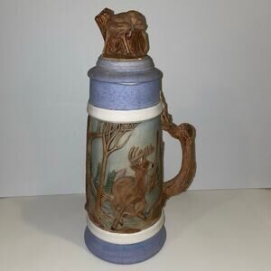 90’s Vintage Ceramic Large Beer Stein Deer Buck Winter Snow Branch Handle & Lid